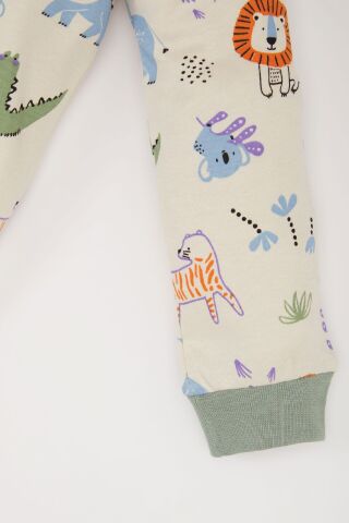 Erkek Bebek Pijama Takımı Safari Baskılı Bisiklet Yaka Uzun Kollu Üst Beli Lastikli Uzun Alt