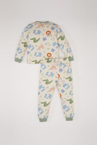 Erkek Bebek Pijama Takımı Safari Baskılı Bisiklet Yaka Uzun Kollu Üst Beli Lastikli Uzun Alt