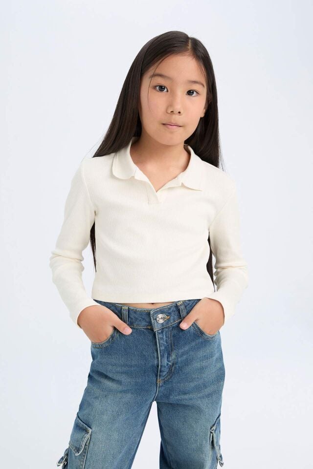 Kız Çocuk Cropped Fit Polo Yaka Basic Düz Fitilli Kaşkorse Uzun Kollu Tişört