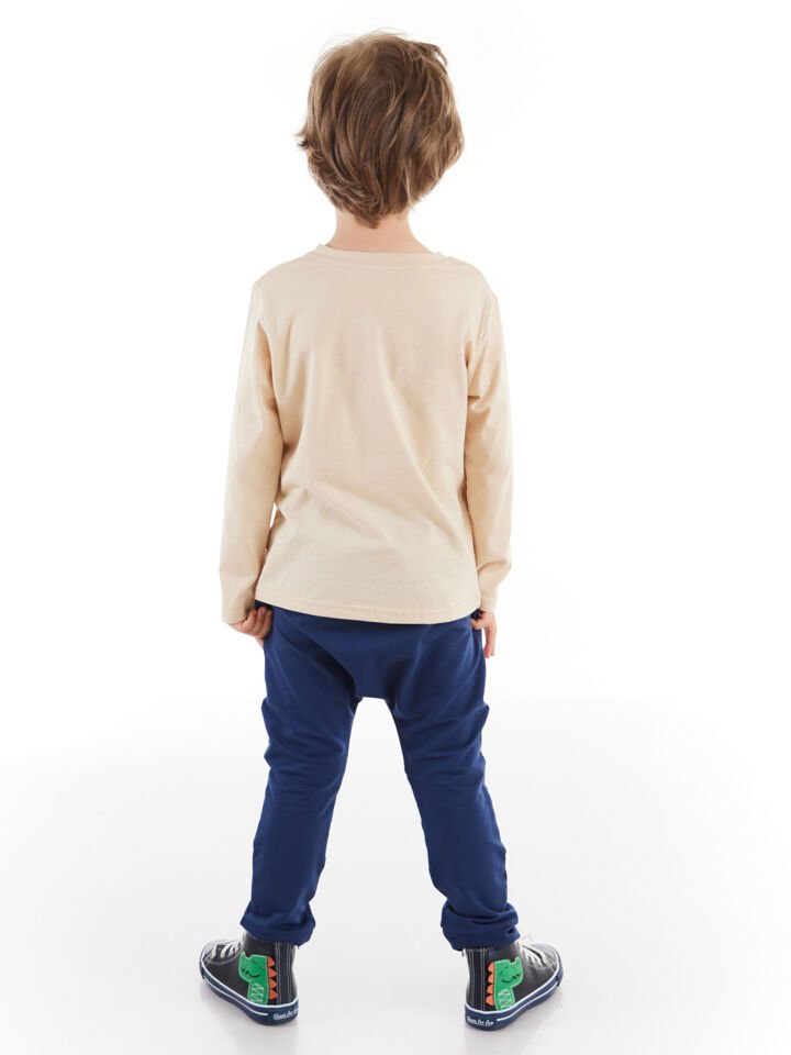 Renkli Dinolar Erkek Çocuk T-shirt Pantolon Takım 3 Y - Lacivert, Krem