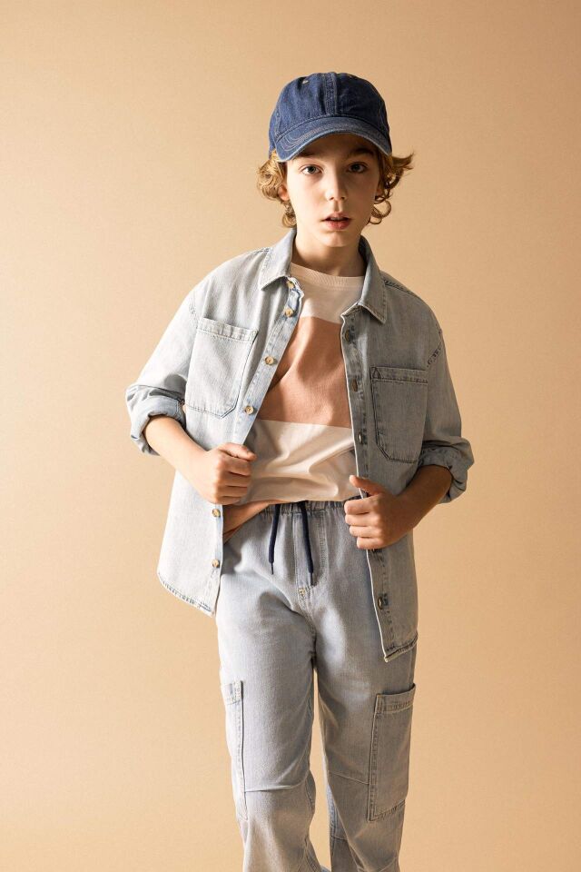 Erkek Çocuk Oversize Geniş Kalıp Polo Yaka Jean Uzun Kollu Gömlek