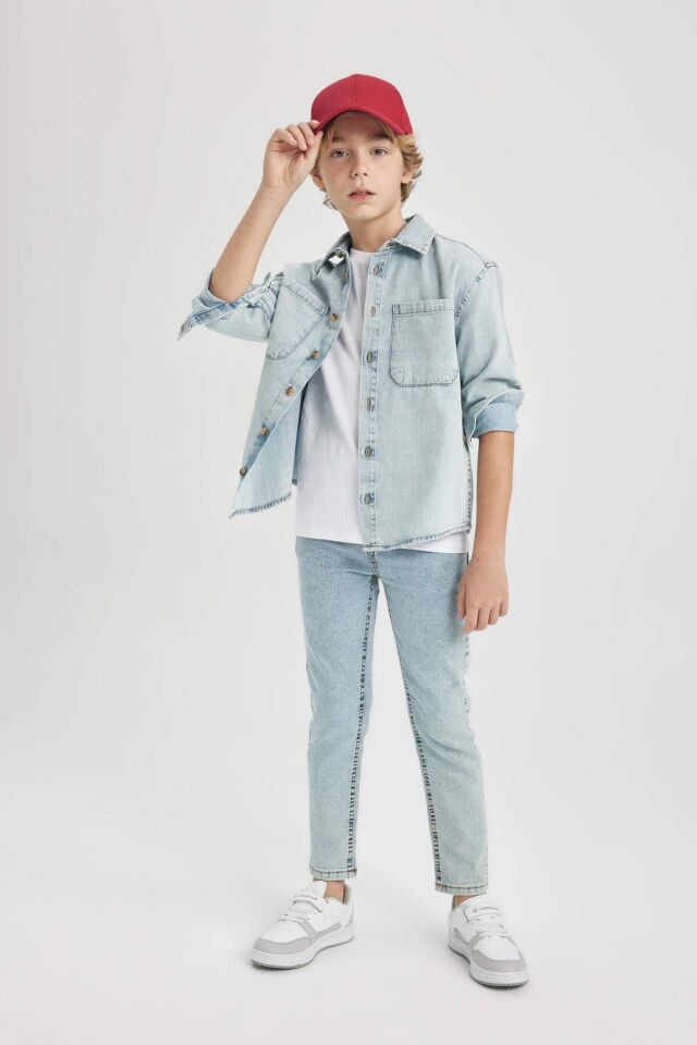 Erkek Çocuk Oversize Geniş Kalıp Polo Yaka Jean Uzun Kollu Gömlek