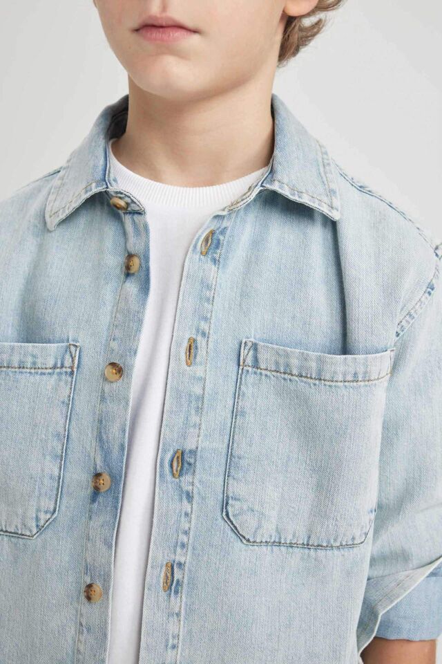 Erkek Çocuk Oversize Geniş Kalıp Polo Yaka Jean Uzun Kollu Gömlek
