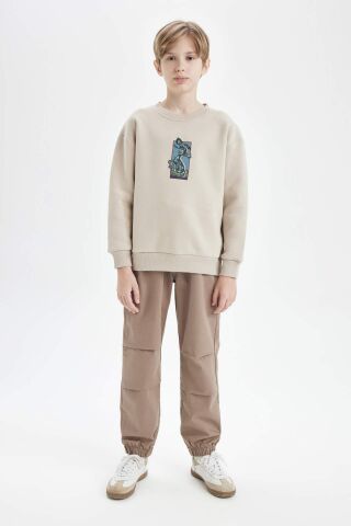 Erkek Çocuk Oversize Geniş Kalıp Bisiklet Yaka Baskılı Sweatshirt