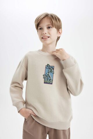 Erkek Çocuk Oversize Geniş Kalıp Bisiklet Yaka Baskılı Sweatshirt
