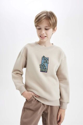 Erkek Çocuk Oversize Geniş Kalıp Bisiklet Yaka Baskılı Sweatshirt