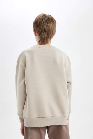 Erkek Çocuk Oversize Geniş Kalıp Bisiklet Yaka Baskılı Sweatshirt