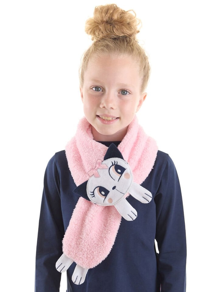 Kedi Sue Kız Çocuk Peluş Aplikeli Pembe Atkı