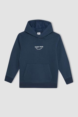 Erkek Çocuk Cepli Yazı Baskılı Kapüşonlu Kalın Okul Sweatshirt