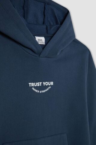 Erkek Çocuk Cepli Yazı Baskılı Kapüşonlu Kalın Okul Sweatshirt
