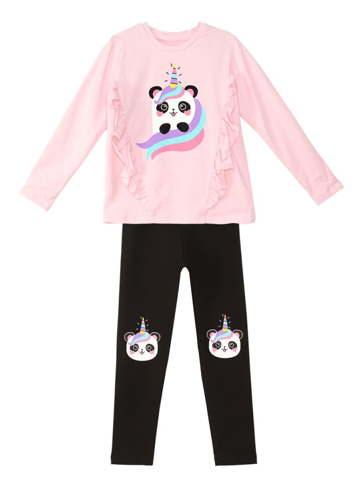 Panda Unicorn Kız Çocuk T-shirt Tayt Takım 4 Y - Pembe, Siyah