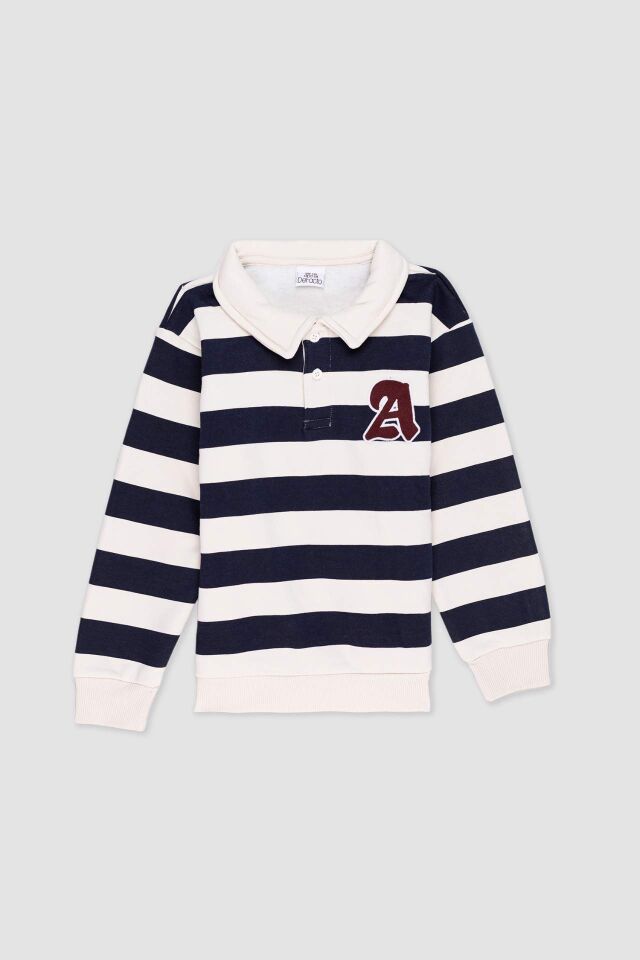 Erkek Çocuk Polo Yaka Çizgili Nakışlı Sweatshirt