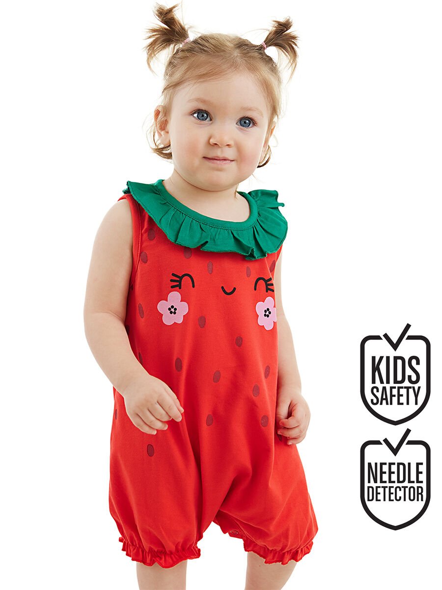 Tatlı Çilek Kız Bebek Pamuklu Yazlık Tulum 18-24 M - Kırmızı