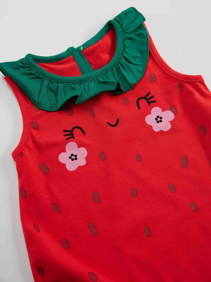 Tatlı Çilek Kız Bebek Pamuklu Yazlık Tulum 18-24 M - Kırmızı