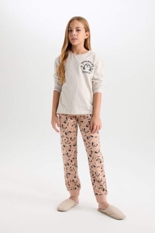 Kız Çocuk Pijama Takım Baskılı Uzun Kollu Üst Desenli Beli Lastikli Uzun Alt