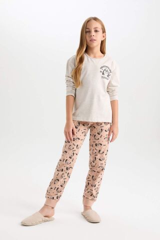 Kız Çocuk Pijama Takım Baskılı Uzun Kollu Üst Desenli Beli Lastikli Uzun Alt