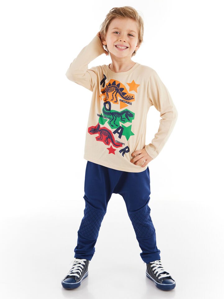 Renkli Dinolar Erkek Çocuk T-shirt Pantolon Takım 8 Y - Lacivert, Krem