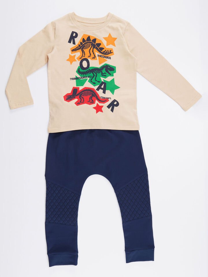 Renkli Dinolar Erkek Çocuk T-shirt Pantolon Takım 8 Y - Lacivert, Krem