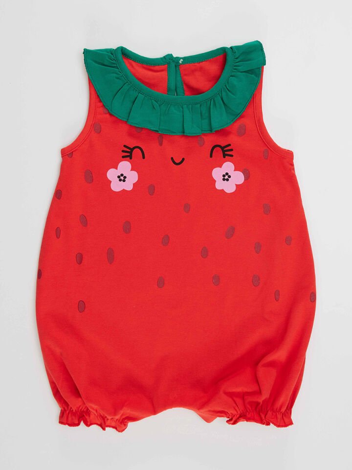 Tatlı Çilek Kız Bebek Pamuklu Yazlık Tulum 6-12M - Kırmızı