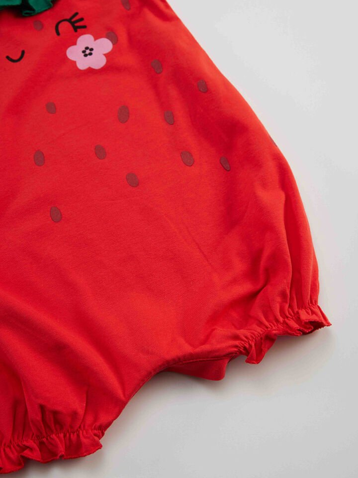 Tatlı Çilek Kız Bebek Pamuklu Yazlık Tulum 6-12M - Kırmızı