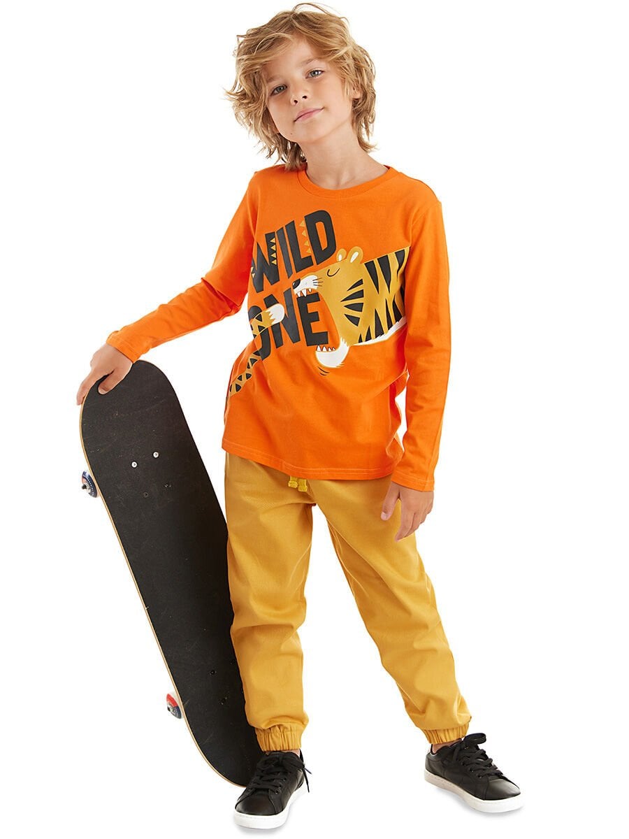 Wild One Erkek Çocuk T-shirt Dokuma Pantolon Takım 3 Y - Turuncu, Hardal