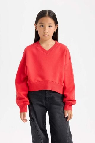 Kız Çocuk Cropped Fit V Yaka Basic Düz Sweatshirt