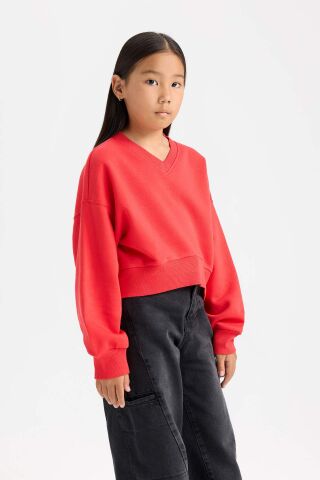Kız Çocuk Cropped Fit V Yaka Basic Düz Sweatshirt