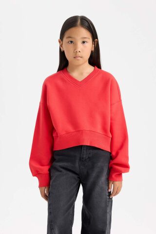 Kız Çocuk Cropped Fit V Yaka Basic Düz Sweatshirt