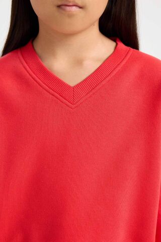 Kız Çocuk Cropped Fit V Yaka Basic Düz Sweatshirt