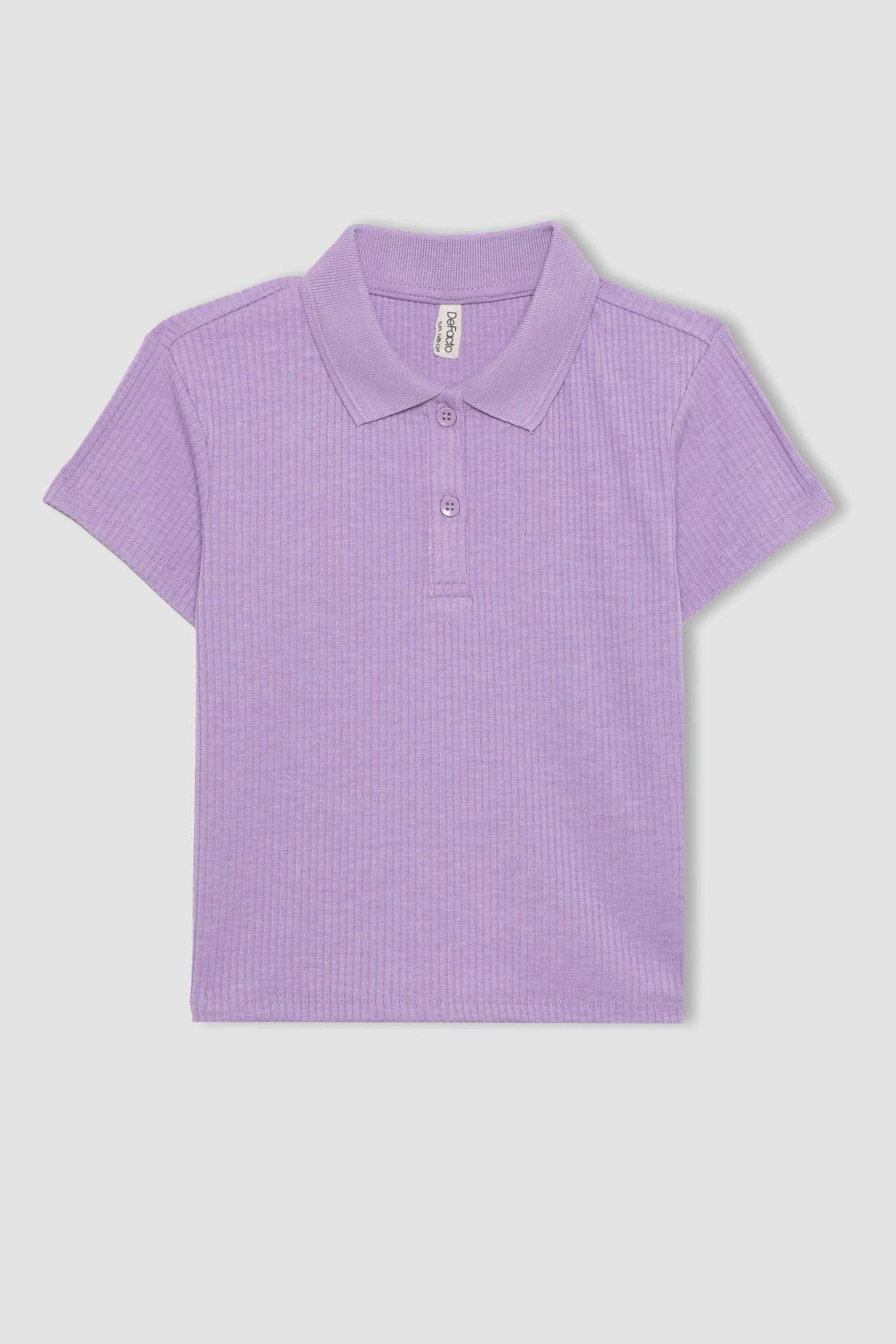 Kız Çocuk Slim Fit Dar Kesim Basic Düz Fitilli Kaşkorse Kısa Kollu Polo Tişört