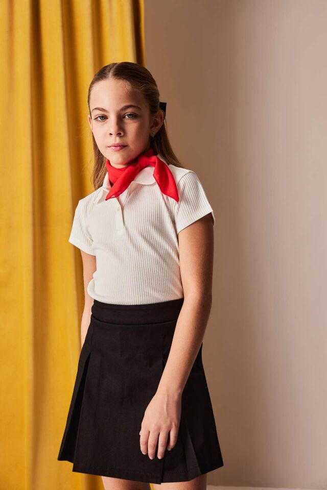 Kız Çocuk 23 Nisan Çocuk Bayramı Slim Fit Dar Kesim Basic Düz Fitilli Kaşkorse Kısa Kollu Polo Tişört