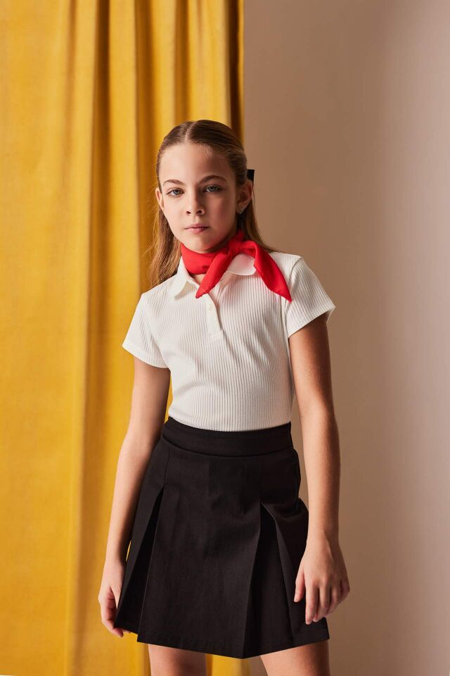 Kız Çocuk 23 Nisan Çocuk Bayramı Slim Fit Dar Kesim Basic Düz Fitilli Kaşkorse Kısa Kollu Polo Tişört