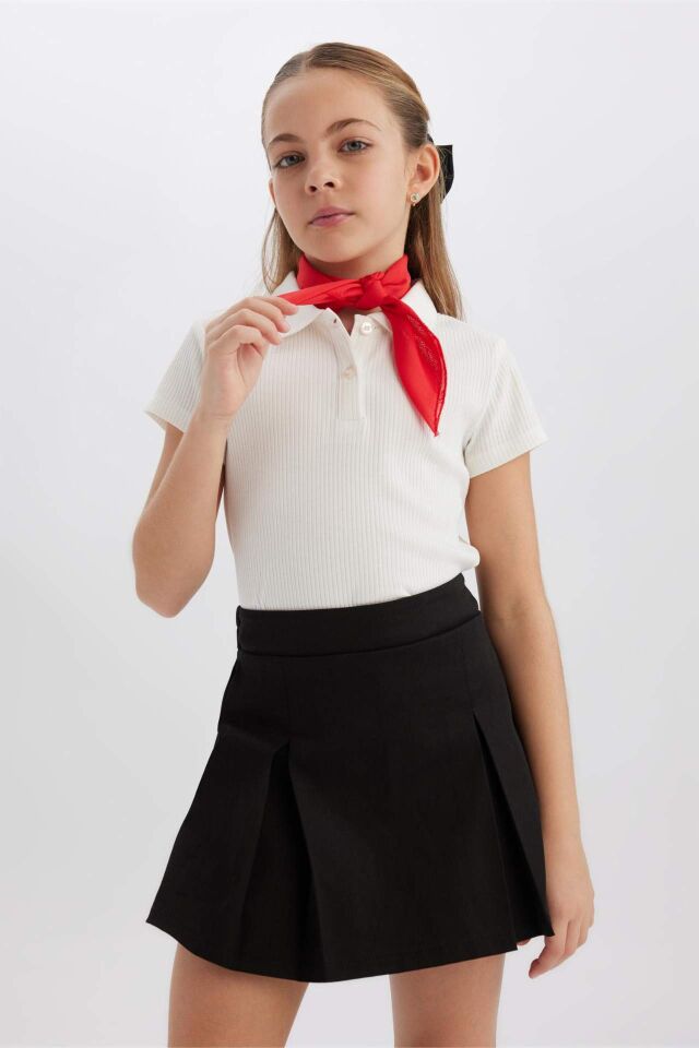 Kız Çocuk 23 Nisan Çocuk Bayramı Slim Fit Dar Kesim Basic Düz Fitilli Kaşkorse Kısa Kollu Polo Tişört