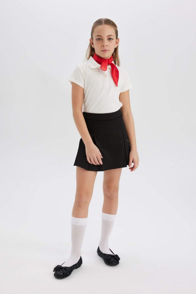 Kız Çocuk 23 Nisan Çocuk Bayramı Slim Fit Dar Kesim Basic Düz Fitilli Kaşkorse Kısa Kollu Polo Tişört