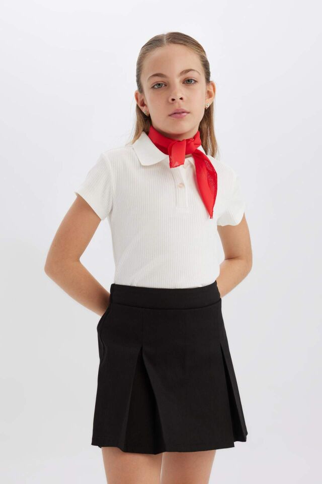 Kız Çocuk 23 Nisan Çocuk Bayramı Slim Fit Dar Kesim Basic Düz Fitilli Kaşkorse Kısa Kollu Polo Tişört