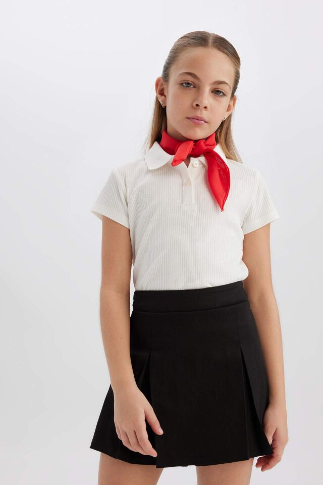 Kız Çocuk 23 Nisan Çocuk Bayramı Slim Fit Dar Kesim Basic Düz Fitilli Kaşkorse Kısa Kollu Polo Tişört