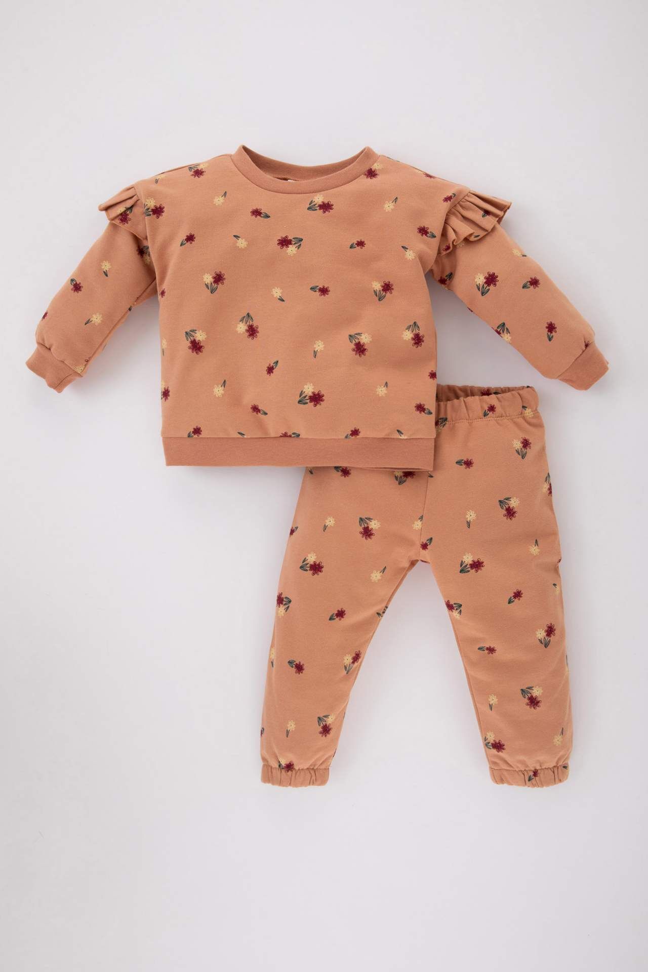Kız Bebek Çiçek Desenli Uzun Kollu Sweatshirt Eşofman Altı 2'li Takım