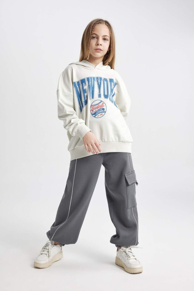 Kız Çocuk Oversize Geniş Kalıp Kapüşonlu Baskılı Sweatshirt
