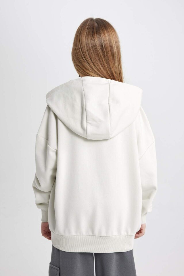 Kız Çocuk Oversize Geniş Kalıp Kapüşonlu Baskılı Sweatshirt