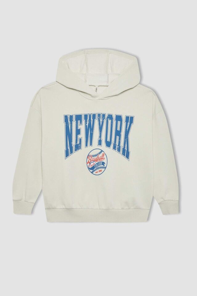 Kız Çocuk Oversize Geniş Kalıp Kapüşonlu Baskılı Sweatshirt