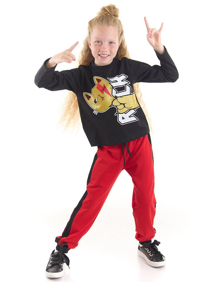 Rock Kedi Kız Çocuk Pantolon T-shirt Takım 7 Y - Siyah, Kırmızı