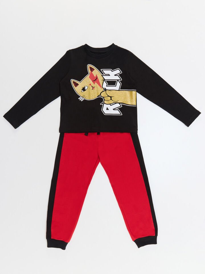 Rock Kedi Kız Çocuk Pantolon T-shirt Takım 7 Y - Siyah, Kırmızı