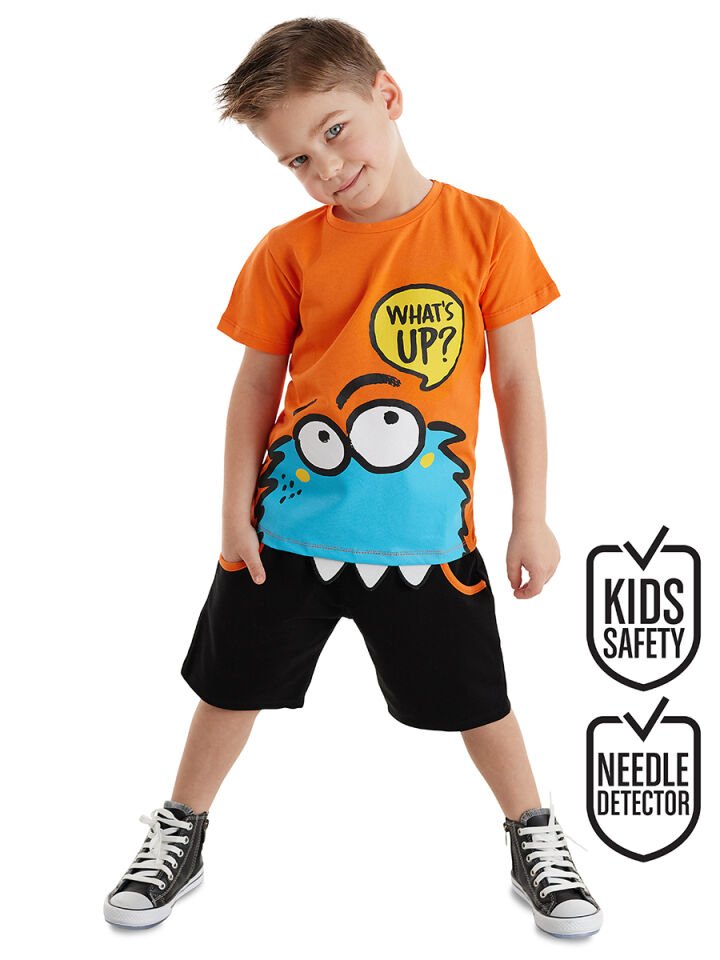 Whatsup Monster Erkek Çocuk T-shirt Şort Takım 4 Y - Turuncu, Siyah