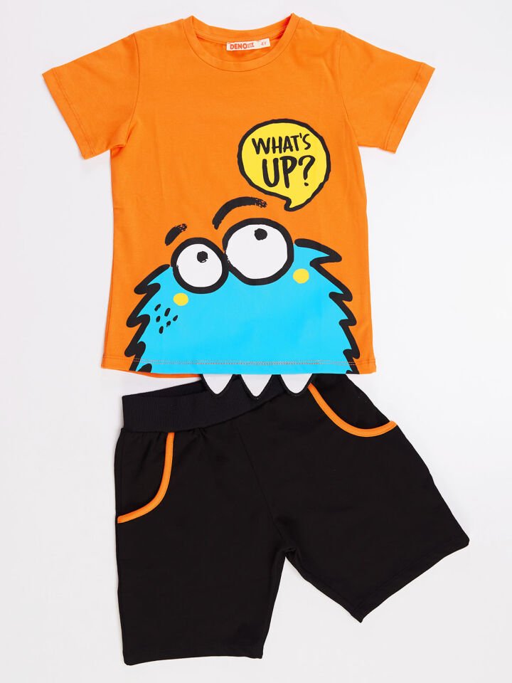 Whatsup Monster Erkek Çocuk T-shirt Şort Takım 4 Y - Turuncu, Siyah