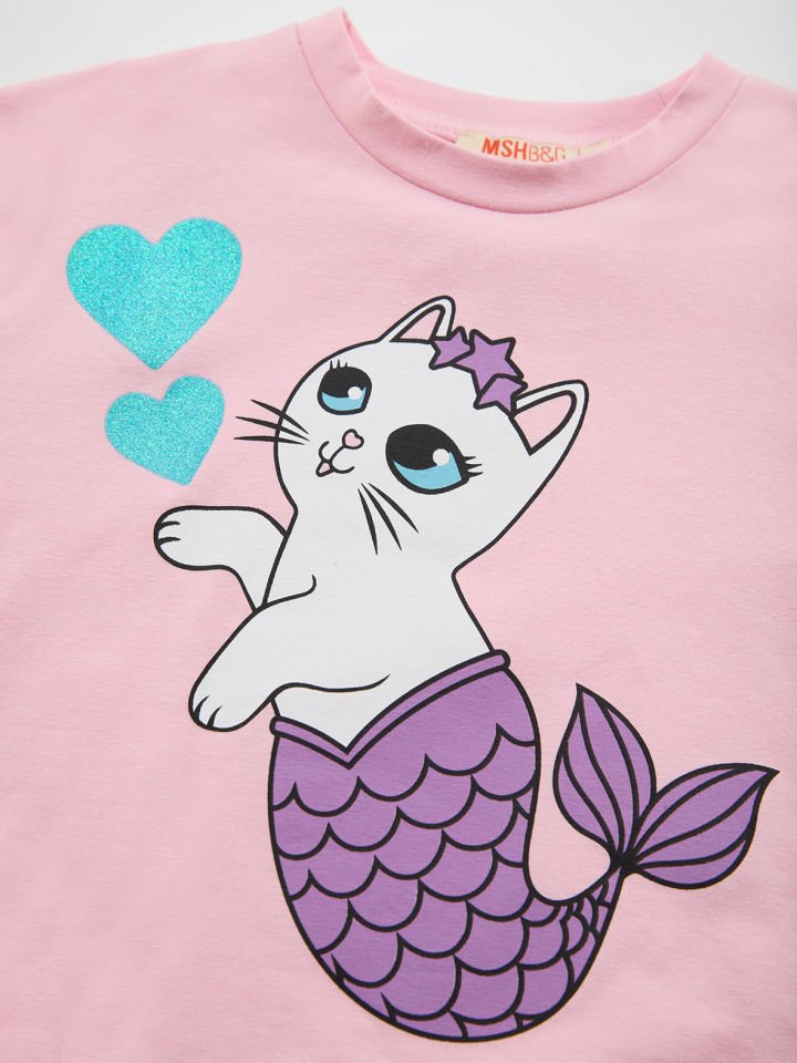 Deniz Kedisi Kız Çocuk T-Shirt Tayt Takım 3 Y - Pembe, Lila