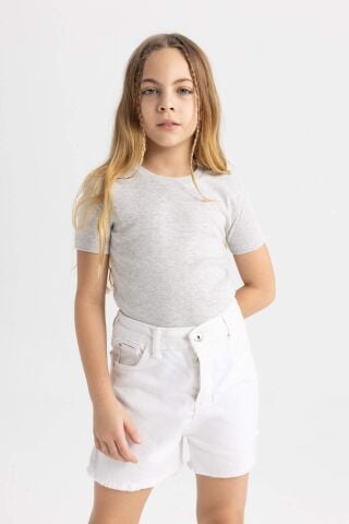 Kız Çocuk Slim Fit Dar Kesim Bisiklet Yaka Ribana Basic Düz Kısa Kollu Tişört