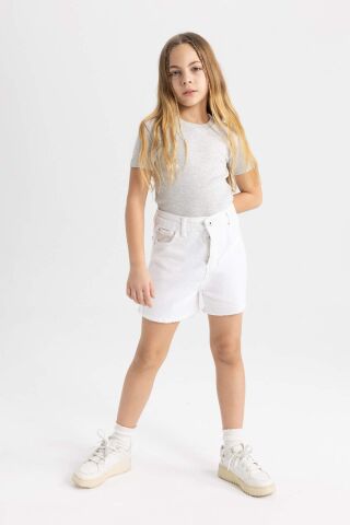 Kız Çocuk Slim Fit Dar Kesim Bisiklet Yaka Ribana Basic Düz Kısa Kollu Tişört