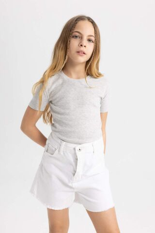 Kız Çocuk Slim Fit Dar Kesim Bisiklet Yaka Ribana Basic Düz Kısa Kollu Tişört