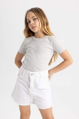 Kız Çocuk Slim Fit Dar Kesim Bisiklet Yaka Ribana Basic Düz Kısa Kollu Tişört