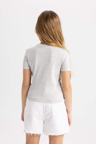 Kız Çocuk Slim Fit Dar Kesim Bisiklet Yaka Ribana Basic Düz Kısa Kollu Tişört
